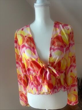 New York & Company Pink, Yellow & Orange Tie-Front Smocked Waist Blouse